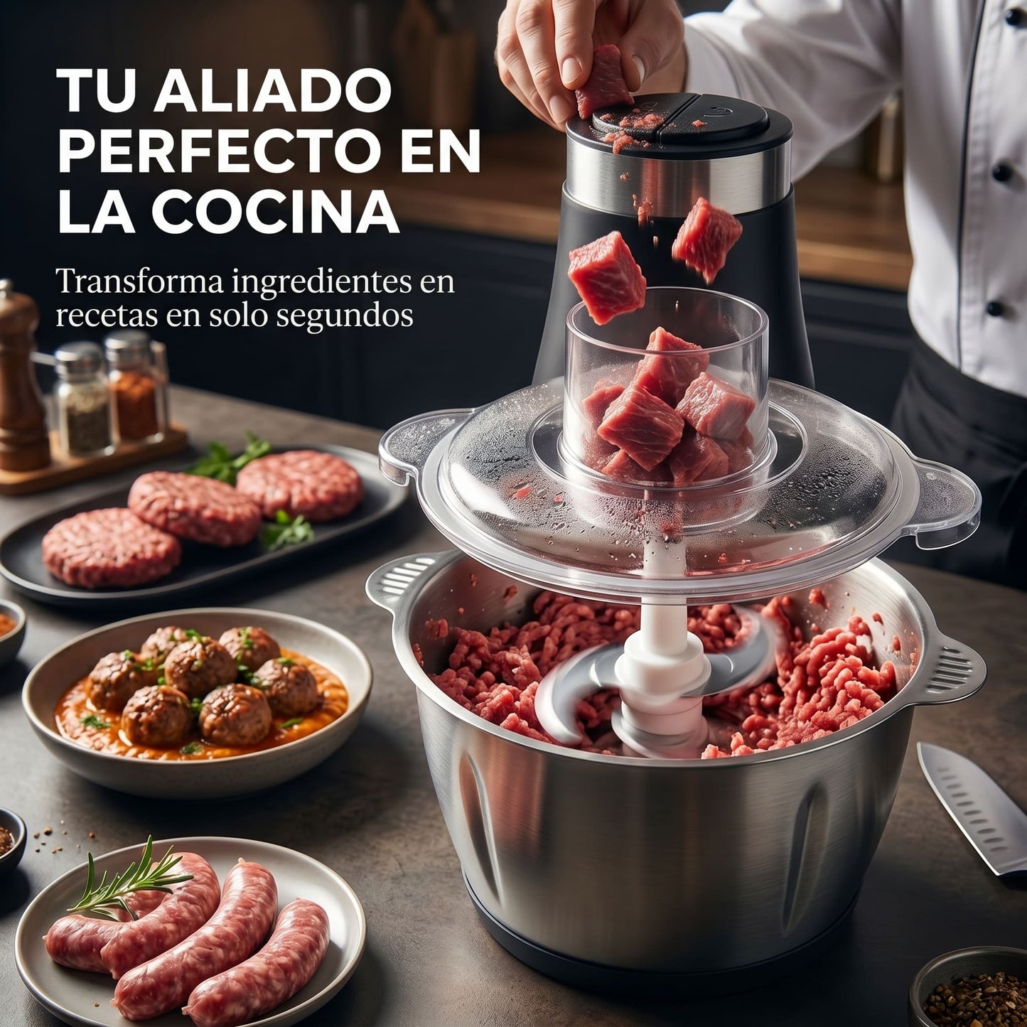 Molino Picador de Carne Eléctrico 2 Litros  en Acero Inoxidable