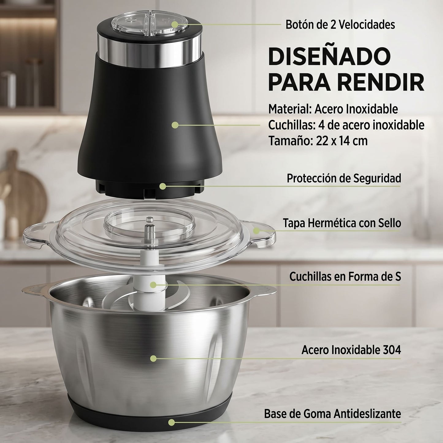 Molino Picador de Carne Eléctrico 2 Litros  en Acero Inoxidable